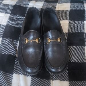 Meermin Black Leather Gold Horsebit Loafers, Size 11.5